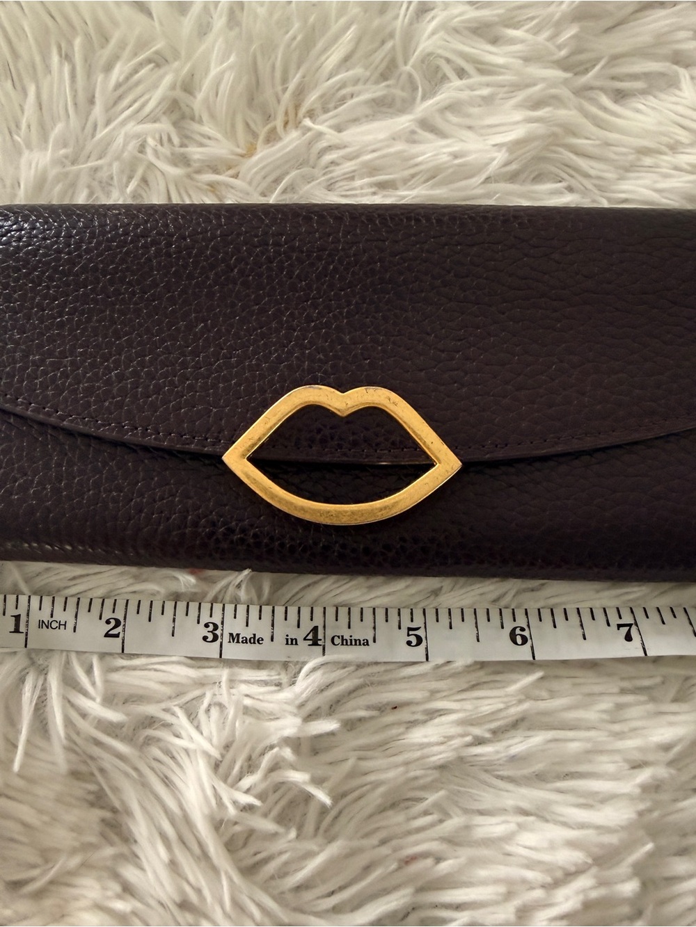 Lulu Guinness lips wallet burgundy pebble leather with stripe lining